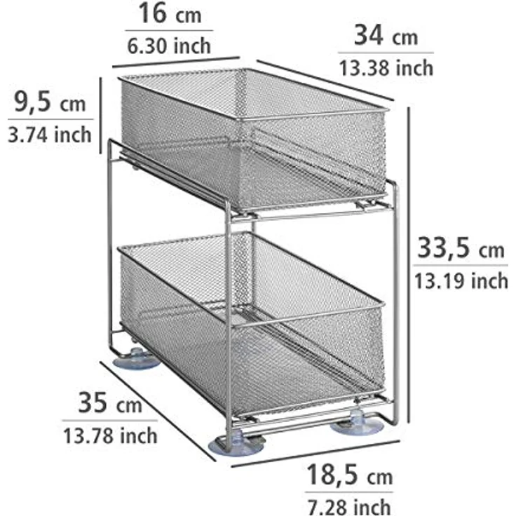 WENKO Schubladenregal Gioma, hochwertiger Organizer mit 2 Etagen und Korb-Auszug für Küchenschrank oder Arbeitsplatte, Küchenregal aus pulverbeschichtetem Metall, 35 x 33,5 x 18,5 cm, Silber-Matt – Bild 4
