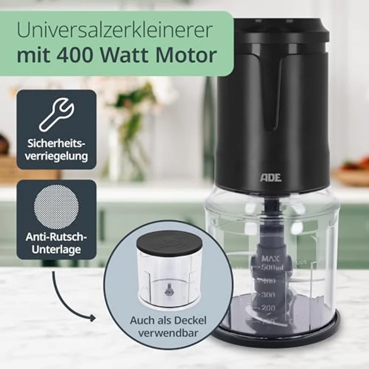 ADE Elektrischer Zerkleinerer, Gemüse- und Zwiebelschneider mit 400 W, 4 Edelstahlklingen, 500 ml, kompakt und benutzerfreundlich – Bild 2