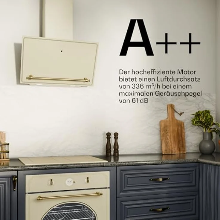 Klarstein Victoria Dunstabzugshaube, 60 cm, Energieeffizienz A++, 400 m³/h, Touch-Bedienfeld, LED-Beleuchtung, Creme & Gold – Bild 4