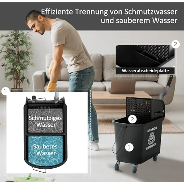 HOMCOM Putzeimer 20L, Wischwagen mit Auswringer und 2 Kammern, rollbar, Schwarz – Bild 4