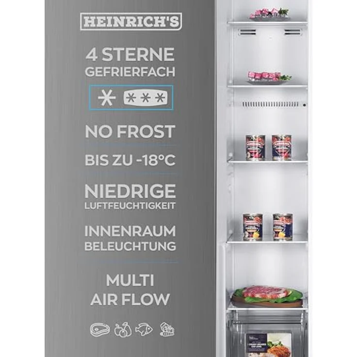 Heinrich's Side-by-Side Kühlschrank, Kühlgefrierkombination mit 439L Mega Gesamtvolumen, NO-FROST, 151L Gefriervolumen, inkl. Wasserspender, LED Beleuchtung, Touch-Bedienung, Multi-Airflow-System, Inox – Bild 5