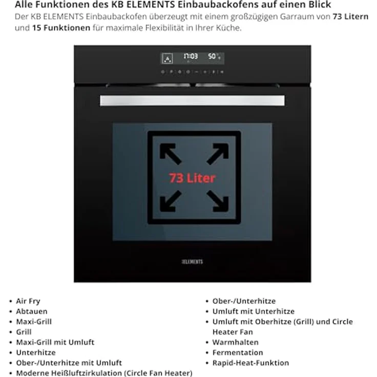 KB ELEMENTS Einbaubackofen 60 CM, Airfryer mit 15 Funktionen, Full Touch Display, 73 Liter, AQUA CLEAN, EEK A+ – Bild 2