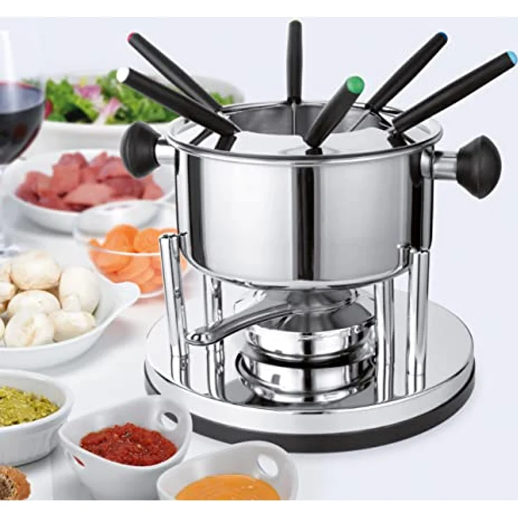Haushalt International Fondue-Set 10-teilig bzw. 22-teilig aus Edelstahl für 6 Personen, stufenlose Hitzeeinstellung, farbige Gabeln – Bild 2