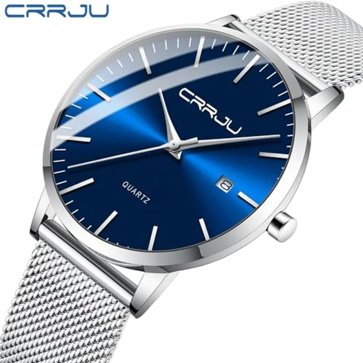 CRRJU Ultra Dünne Herren Uhr, Wasserdichte Armbanduhr mit Schwarz Edelstahl Meshband, Analog Quarz, Silber Blau – Bild 2