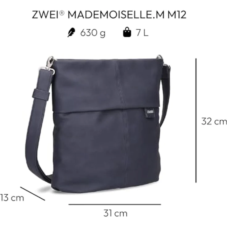 Zwei Mademoiselle.M M12, Umhängetasche in Nubuk-Ink (dunkelblau), mit verstellbarem Schulterriemen und geräumigem Hauptfach – Bild 2