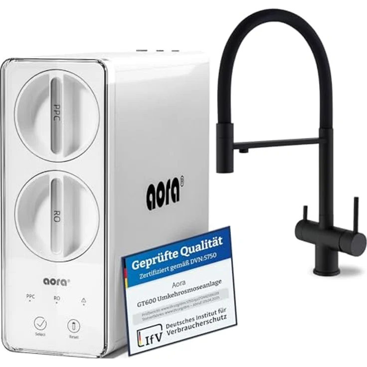 Neues Wasser AORA GT600 Umkehrosmoseanlage, 8-Stufen-Filtration, tankloses Direkt-Flow-System, 3-Wege-Armatur ALPINA Schwarz, hoher Wasserdurchfluss – Bild 1