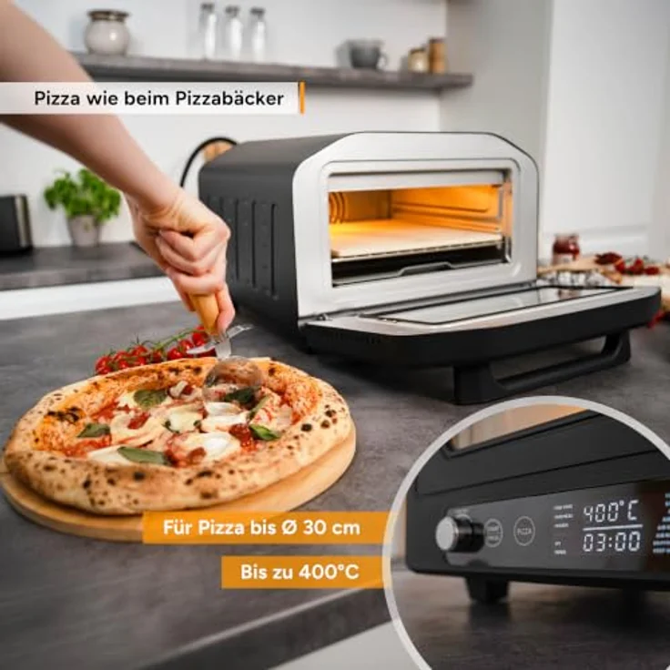 TZS First Austria Pizzaofen 18L, 400°C, 6 Programme, 8 Funktionen, 1700 W, Schwarz, inkl. Pizzastein, Pizzaschieber und Frittierkorb – Bild 3
