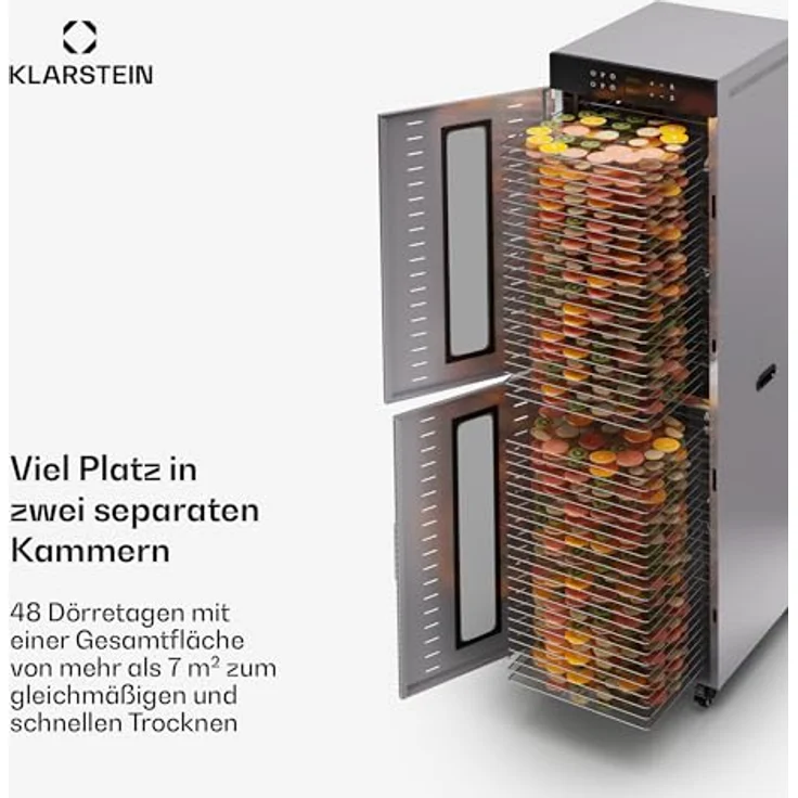 Klarstein Dörrautomat Edelstahl – 4.000-W-Dörrgerät, 48 Edelstahl-Einlegeböden, 30–90 °C, 24-Stunden-Timer, 6 Ventilatoren, 2 Trockenkammern, 50–55 dB, ideal für Obst, Gemüse, Fleisch, Kräuter, Silber – Bild 3