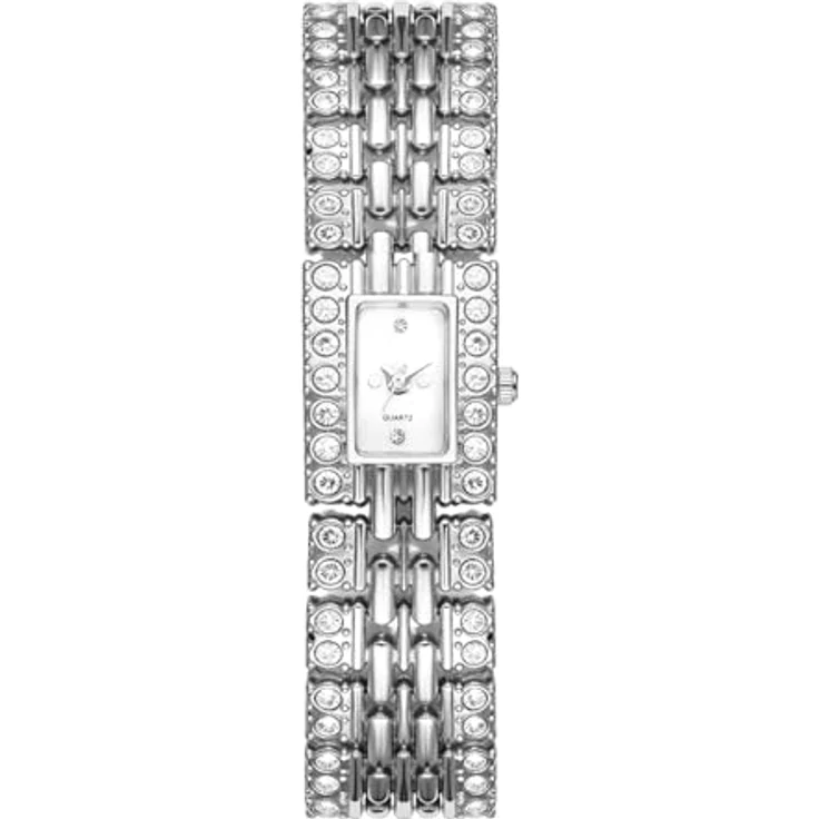 JewelryWe Damenuhr Rechteckig, Luxuriöse Analog Quarz Armbanduhr mit vollen Diamantdetails, Silber Metallarmband, Ultrahochdünn, Elegantes Eckiges Zifferblatt – Bild 1