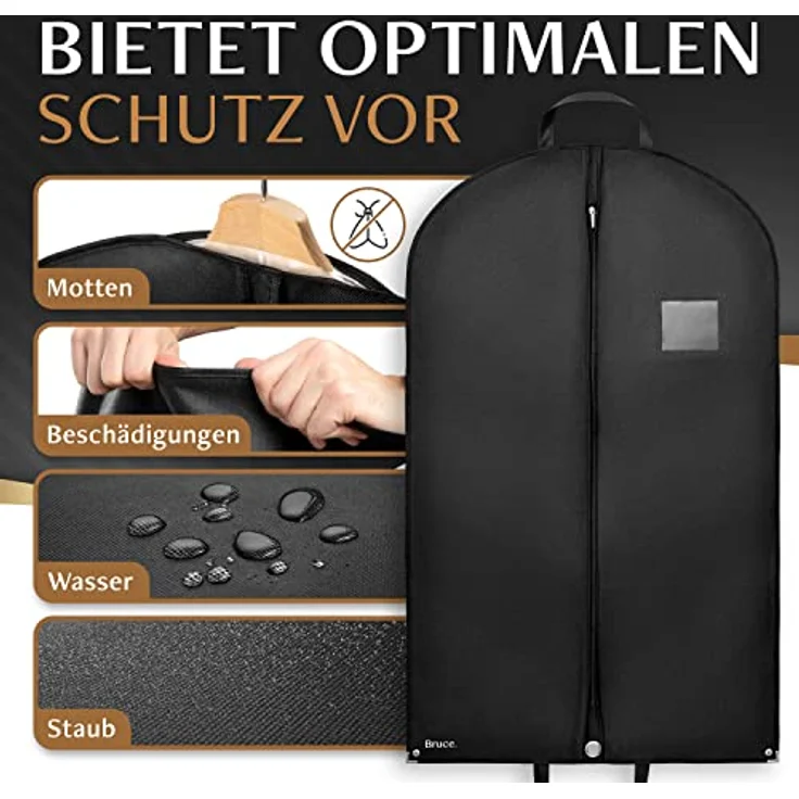 Bruce.® 3x Kleidersack Lang 180x60 cm, mottensichere Aufbewahrung mit Schuhbeutel – Schwarz – Bild 2
