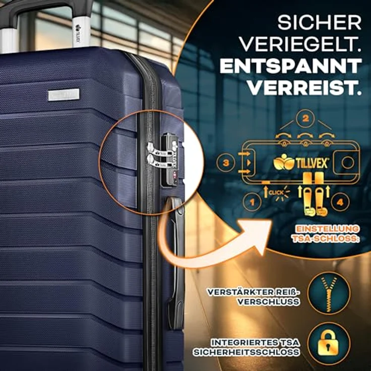 tillvex® Reisekoffer Set 4-TLG. Hartschalenkoffer S-M-L-XL mit TSA Schloss, Gepäckwaage, 8 Koffergurten & 4 Kofferanhängern, Navyblau – Bild 4