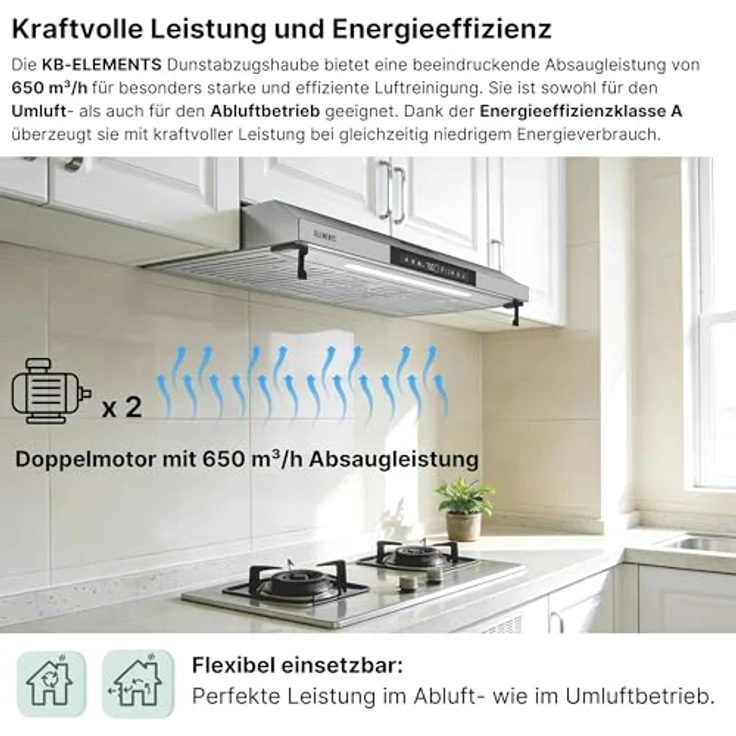 KB ELEMENTS Dunstabzugshaube 90cm, Umluft/Abluft mit 650m³/h Saugleistung, doppeltem Motor und Touch-Gestensteuerung – Bild 2