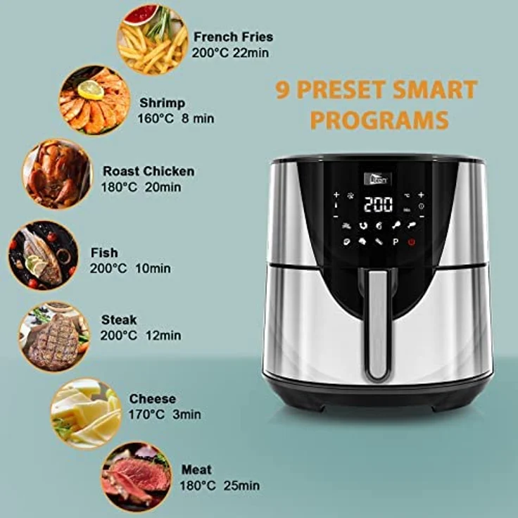 Heißluftfritteuse, Uten 7,5L Airfryer XXL Heissluftfriteuse mit Digitalem LED-Touchscreen, 10 Voreingestellte Menüs, 32 Rezepte, Vorheizen & Warmhalten, Antihaft-Korb, Ohne Fett, 1700W – Bild 3