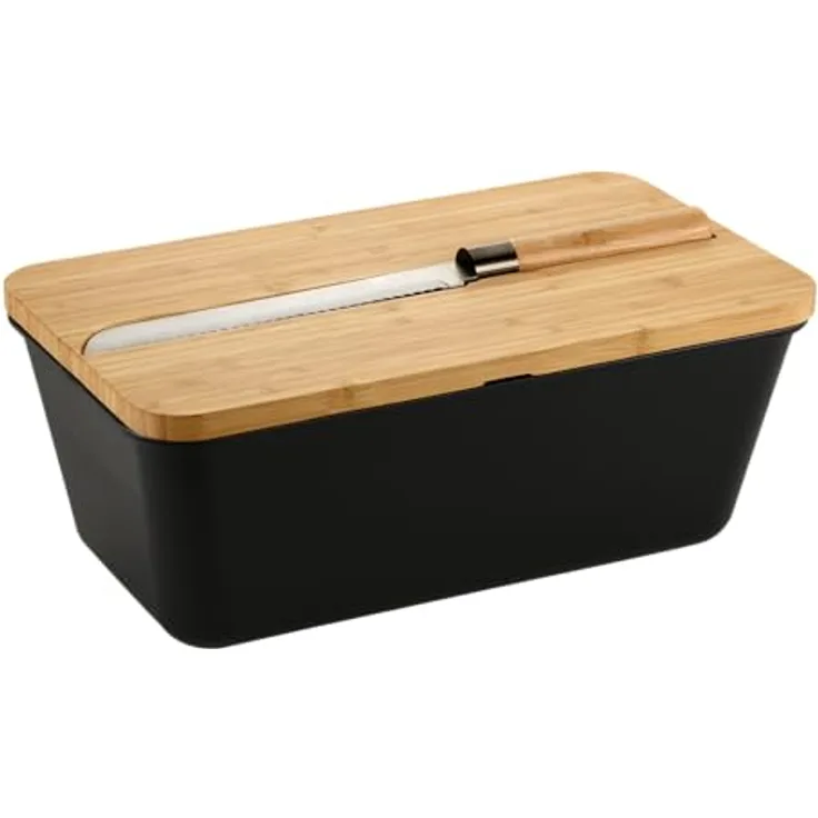 Kesper Brotbox mit Messer, Schneidebrett aus FSC-zertifiziertem Bambus, Maße: 34,8 x 20 cm, Spülmaschinengeeignet, Schwarz/Braun