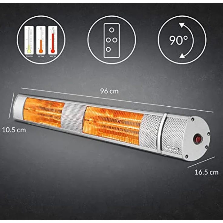 Monzana Infrarot Heizstrahler MZH3000 Goldröhre 3000W 3 Heizstufen Fernbedienung 90° Neigungswinkel Outdoor Wärmestrahler Terrassenheizer Terrassenstrahler Silber – Bild 4