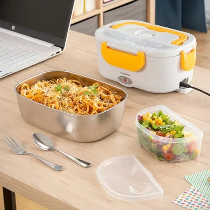 InnovaGoods Elektrische Lunchbox Lunffi, 1,05 l, Edelstahl- und Kunststoffbehälter, Weiß|Gelb, für Büro und Auto – Bild 5