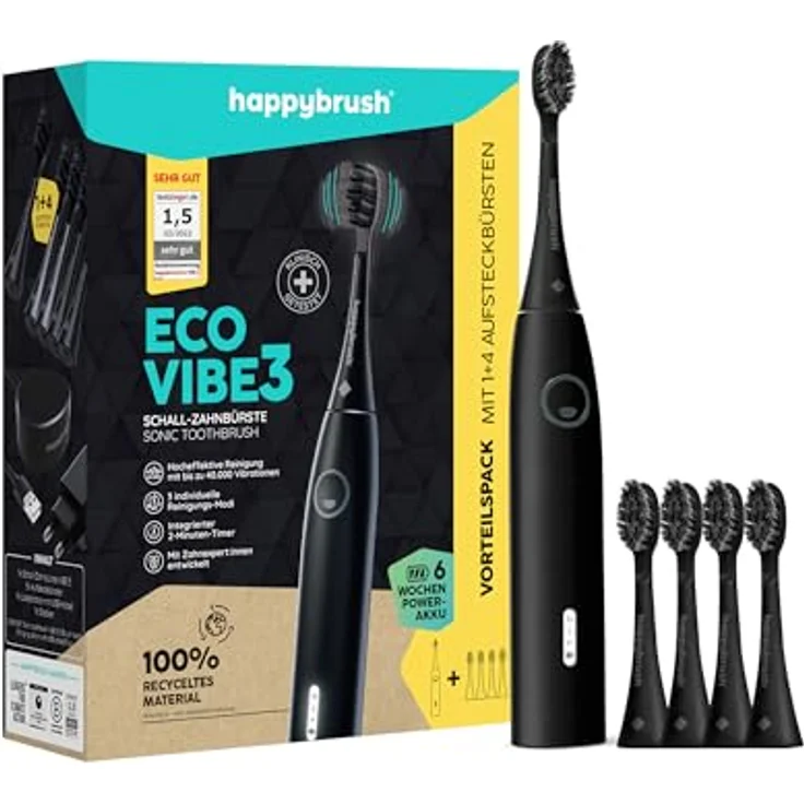 happybrush Elektrische Schallzahnbürste Eco VIBE 3 - Nachhaltige Zahnbürste mit 6 Wochen Power-Akku inkl. 4 Aufsteckbürsten - Schwarz Vorteilsset – Bild 1