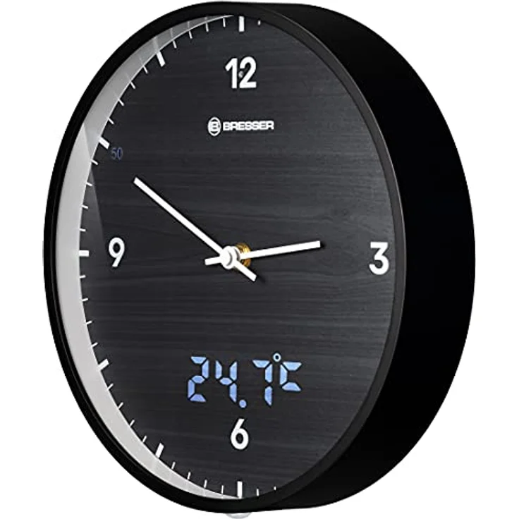 Bresser MyTime Wanduhr mit Funk ohne Tickgeräusche mit 24 cm großem Ziffernblatt, LED  Sekundenanzeige, Innentemperatur und geräuschlosem Funkuhrwerk, schwarz – Bild 1
