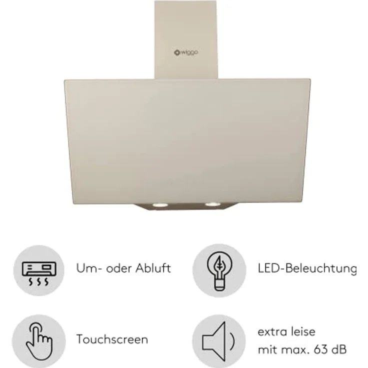Wiggo Dunstabzugshaube 50cm kopffrei I Abluft Umluft Dunstabzug 300m³/h - LED Touch-Display 3 Stufen I Schräghaube inkl. Fettfilter & 2x Kohlefilter I Abzugshaube mit Glasfront creme – Bild 2