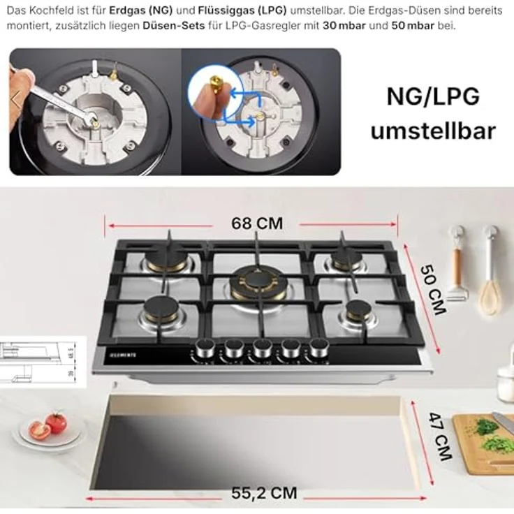 KB ELEMENTS Gaskochfeld Eternity Line 70 cm, 5 flammig, Vollkupfer-Brenner, 304 Edelstahlgehäuse, Wok-Dreifachbrenner, LPG/NG, automatische Sicherheitsabschaltung – Bild 7
