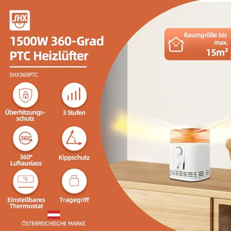 SHX Energiesparender Heizlüfter, Leiser Betrieb | 1500W Elektrischer PTC Keramik | Thermostat, Überhitzungs- & Kippschutz, Timer | Elektroheizung für Räume Schlafzimmer | Weiß/Schwarz – Bild 2