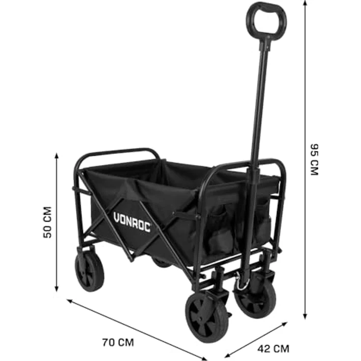 VONROC Faltbarer Bollerwagen für Garten und Strand, 60 kg Tragkraft, 50 l Fassungsvermögen, pannensichere Räder, schwarz – Bild 2