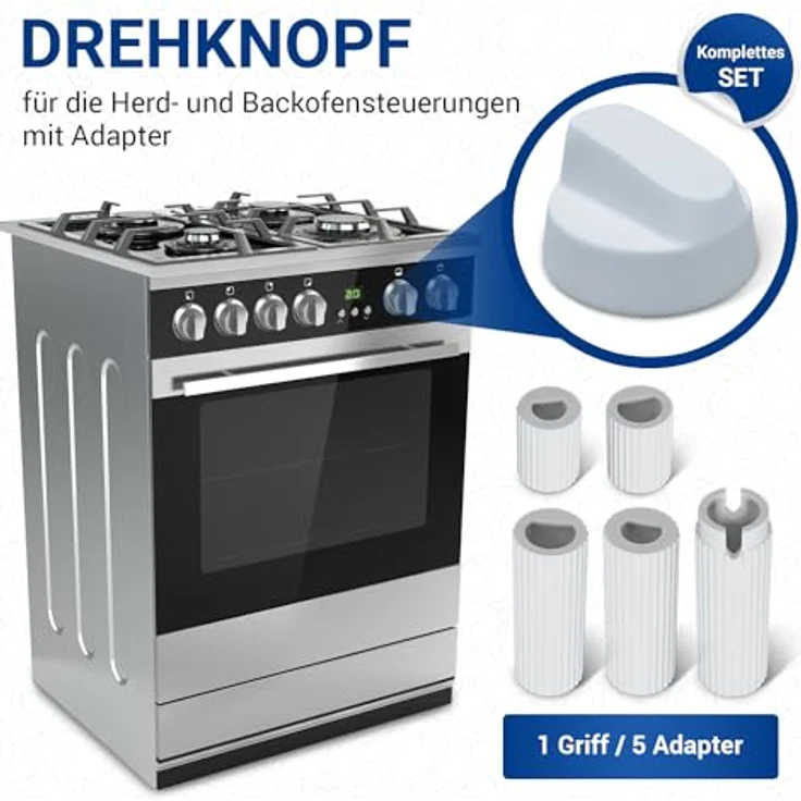 VIOKS Drehknopf Herd Universal 43mmØ Herd Knebel Weiß mit 5 Adaptern - Herd Zubehör aus Kunststoff - Knöpfe & Schalter für Backöfen & Herde – Bild 2