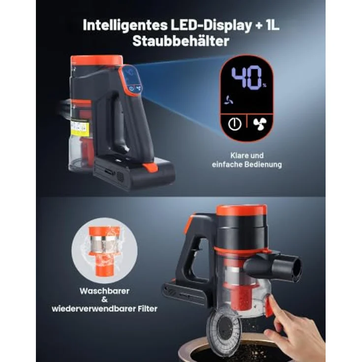 VEVOR F04 Akku-Staubsauger, 40 kPa Saugkraft, wiederaufladbarer Handstaubsauger mit 35 Minuten Laufzeit für Teppich, Tierhaare und Hartböden, LED-Display, großer Staubbehälter – Bild 4