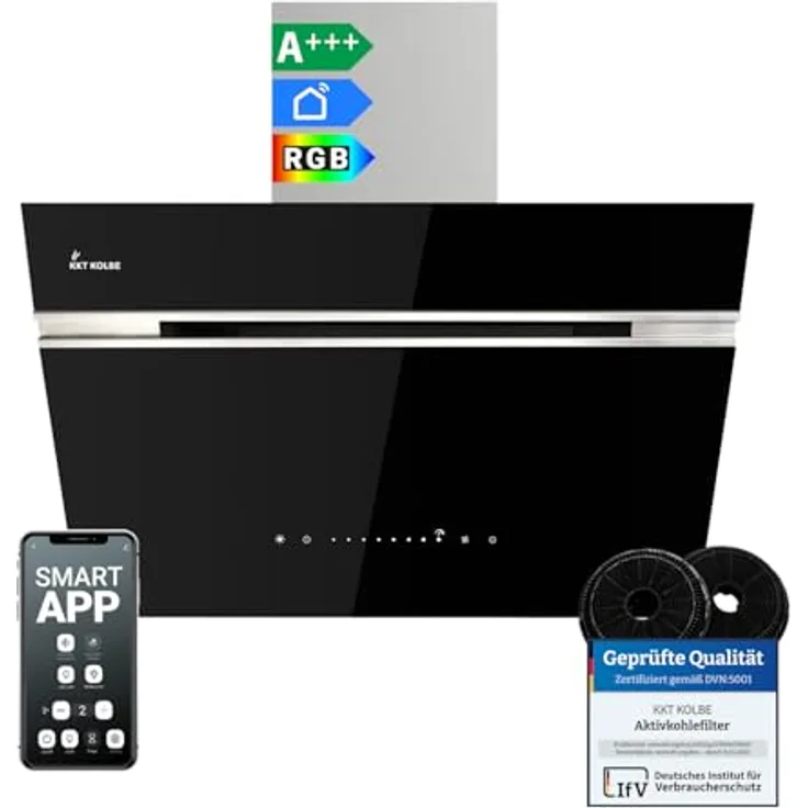 KKT KOLBE AURORA6005SE Dunstabzugshaube 60 cm, A+++ Energieeffizienz, 782 cbm/h, Kopffrei, Schwarz/Silber, Glas, WLAN, SensorTouch, RGBW LED, Nachlaufautomatik, Umluft/Abluft