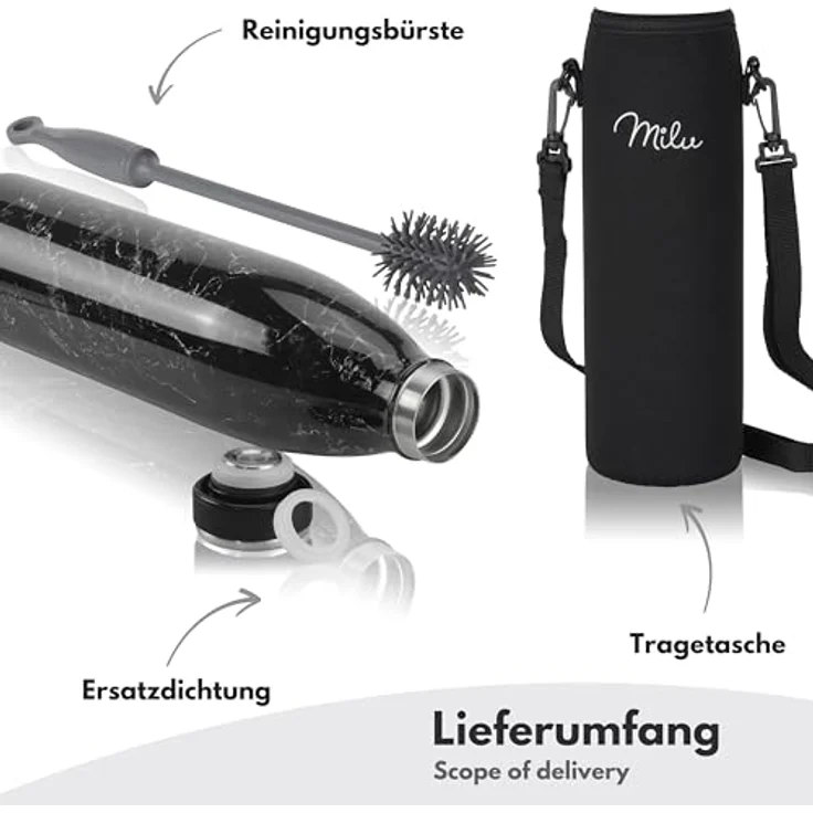 Milu Edelstahl Trinkflasche 750ml, doppelwandige Thermosflasche, auslaufsicher und kohlensäuregeeignet, Granit, inkl. Reinigungsbürste – Bild 5