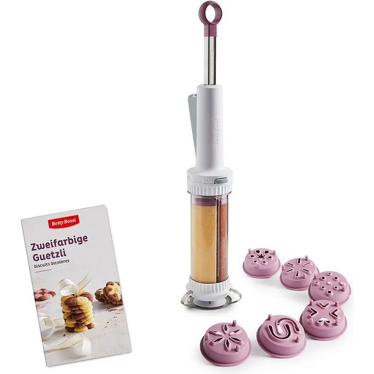Betty Bossi Gebäckpresse Cookie Press, 7-tlg, für zweifarbige Kekse in 6 Formen, inkl. Rezeptbuch