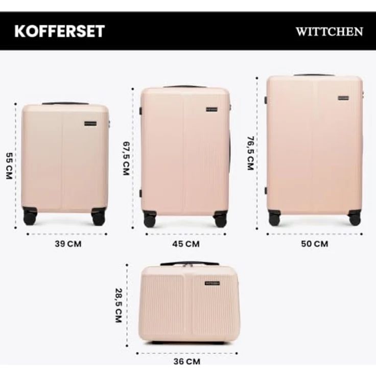 WITTCHEN Stripes Line Kofferset, Hartschalenkoffer aus robustem ABS mit Kosmetiktasche, 4 Doppelrollen, Teleskopgriff, Zahlenschloss, Puderrosa, Set S+M+L+XL – Bild 2