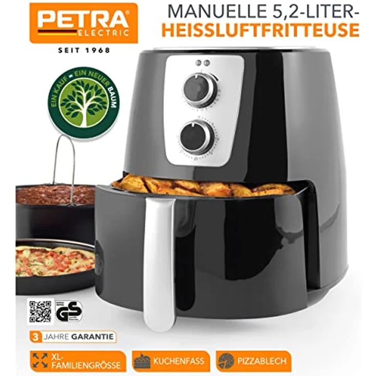Petra PT5175VDEEU10 5,2L Heißluftfritteuse, Manuell Ölfreie Fritteuse, antihaftbeschichteter XL-Frittierkorb, Heißluftzirkulation, 30-Minuten-Timer, mit Pizza- und Kuchenblech, Temperaturregler, 1300W – Bild 2