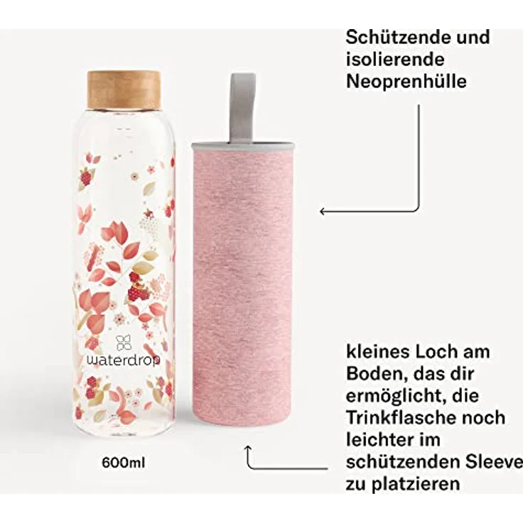 Waterdrop® Edition Glass Bottle 600ml Trinkflasche Glas auslaufsicher, Kohlensäure geeignet | BPA freie Wasserflasche inkl. Neoprenhülle | Spülmaschinenfeste, Leichte Borosilikat Glasflasche – Bild 3