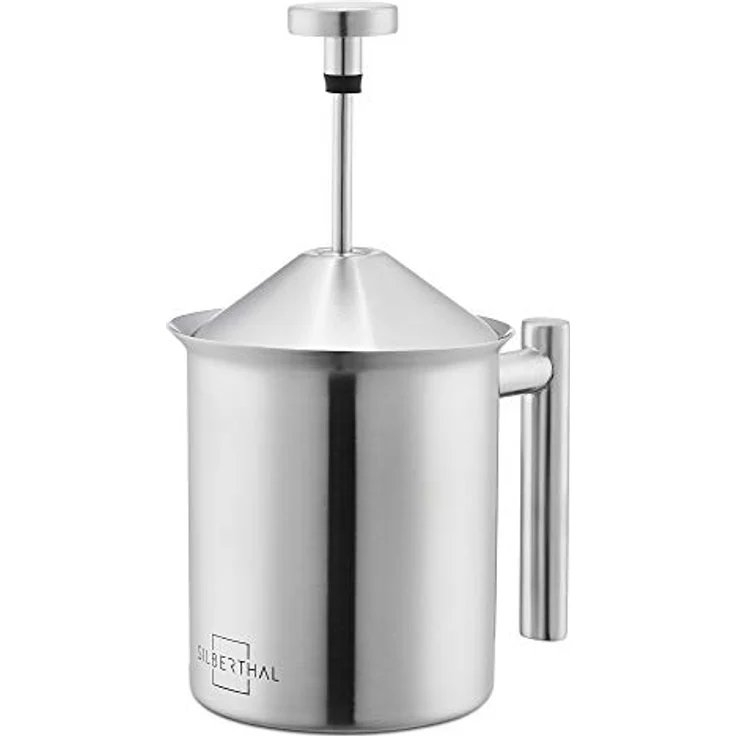 SILBERTHAL Milchaufschäumer Manuell Edelstahl - 400ml - Perfekter Milchschaum dank doppeltem Sieb und speziellem Drückmechanismus - Preisvergleich – Bild 1