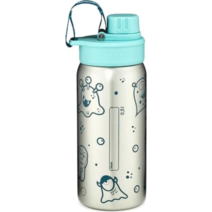 ergobag Trinkflasche aus Edelstahl, auslaufsichere 0,5 l Flasche mit Namensschild, Petrol – Bild 6