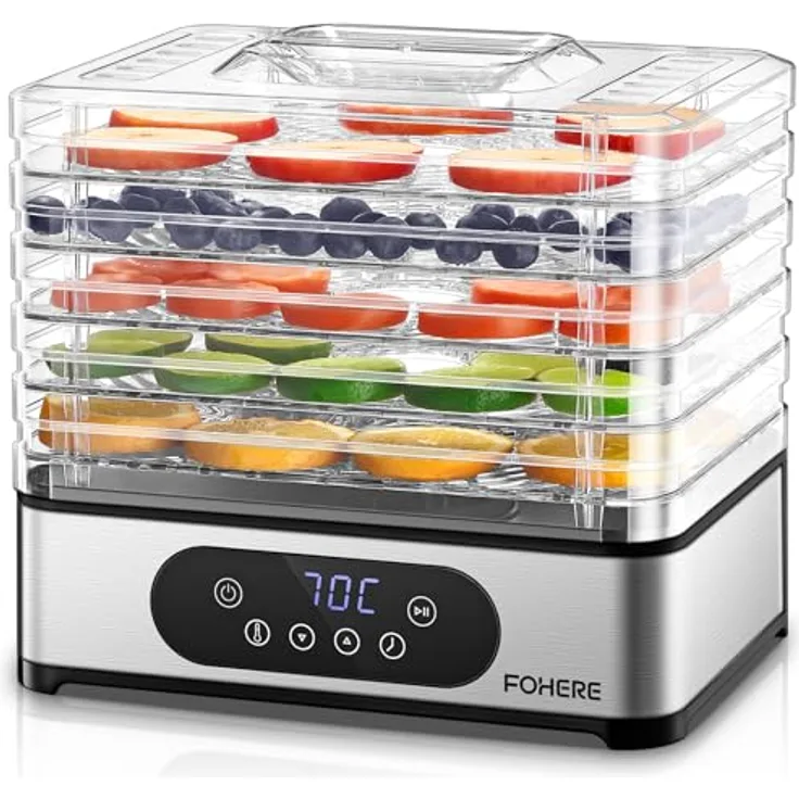 FOHERE Dörrautomat Edelstahl, Dörrgerät mit 5 höhenverstellbaren Tabletts, LED-Anzeige, 420W, 35-70°C, 48h-Timer, BPA-frei für Lebensmittel und Snacks