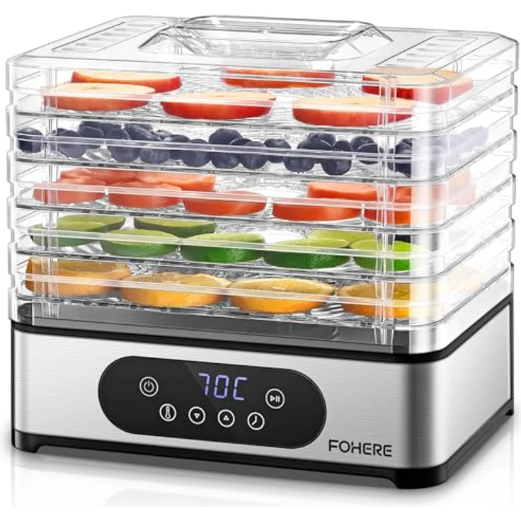 FOHERE Dörrautomat Edelstahl, Dörrgerät mit 5 höhenverstellbaren Tabletts, LED-Anzeige, 420W, 35-70°C, 48h-Timer, BPA-frei für Lebensmittel und Snacks – Bild 1
