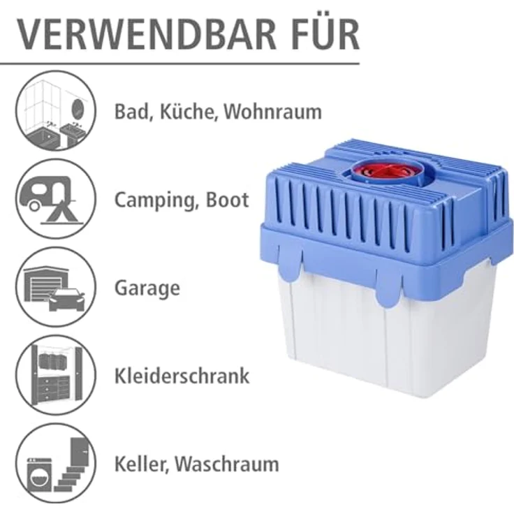 WENKO Feuchtigkeitskiller mit 5 kg Granulatblock, Raumentfeuchter, fasst bis zu 8 l Feuchtigkeit, laborgeprüft, nachfüllbar, reduziert Schimmel und Gerüche, Maße (BHT): 29 x 29 x 24 cm, grau-blau Luftentfeuchter – Bild 5
