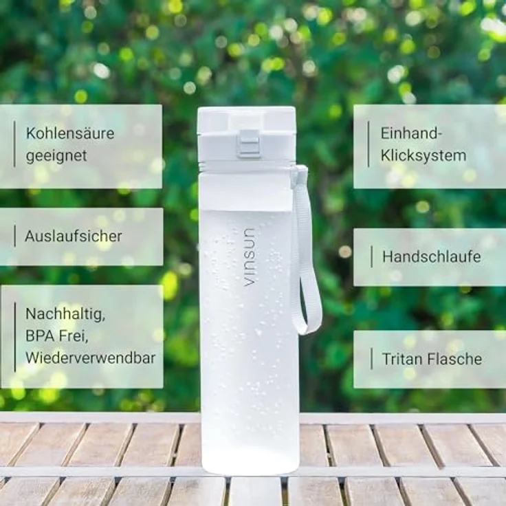 VINSUN Trinkflasche 1L weiß - auslaufsicher, Kohlensäure geeignet, BPA frei, Tritan, Einhandbedienung - Leichte Wasser Flasche für Sport, Schule, Uni, Fahrrad – Bild 2