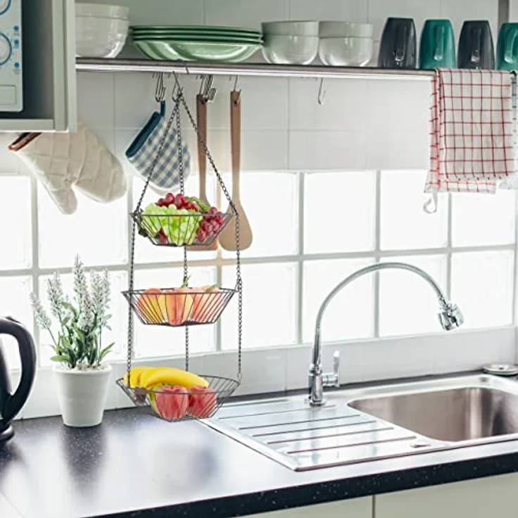 Relaxdays Obstkorb hängend, H x D: 73 x 28 cm, 3 Etagen, Stahl, runder Hängekorb für Obst & Gemüse, Obstschale, schwarz – Bild 2