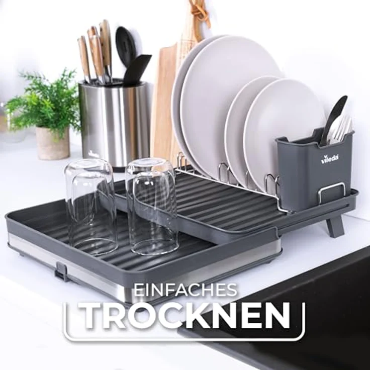 Vileda Abtropfgestell Geschirr - Platzsparendes Design mit Besteckhalter, ausziehbar, Rostfrei & Langlebig - Perfekt für Teller, Gläser & Besteck, Edelstahl/Kunststoff – Bild 5