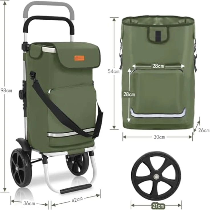 Sekey Einkaufstrolley 3-in-1 mit Kühlfach und Spanngurt, faltbarer Einkaufswagen, 42L, bis 35kg, grün – Bild 3