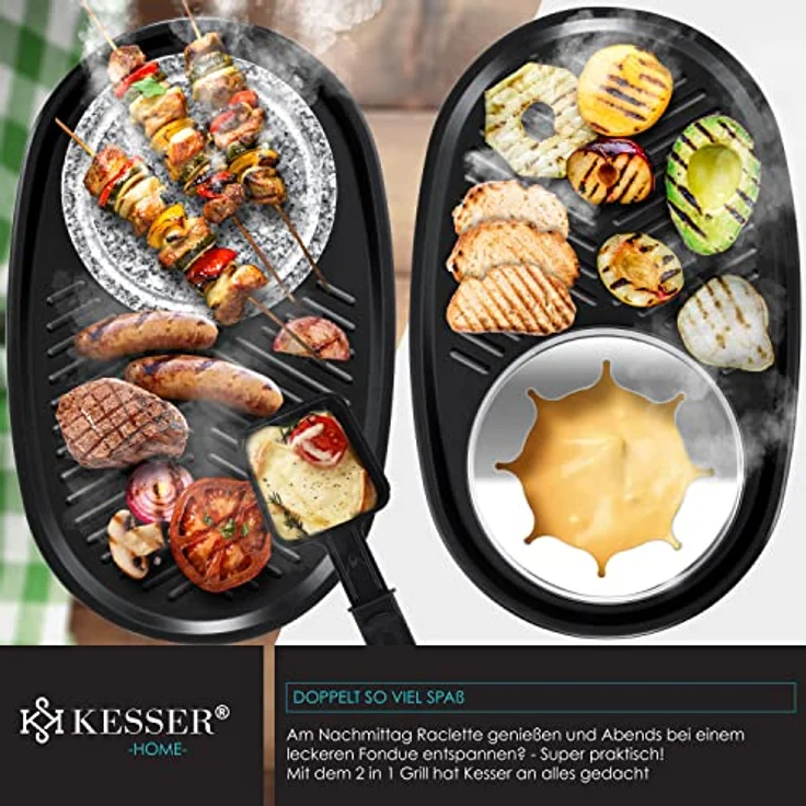 Kesser 3in1 Raclette-Grill mit Naturgrillstein, 1500W, Grillplatte und Fondue, Tischgrill für 8 Personen, Elektrogrill Raclette Grill antihaftbeschichteter Grillplatte, 8 Pfannen und Holzspatel, silber, schwarz – Bild 3