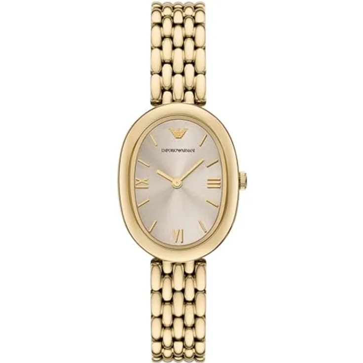 Emporio Armani AR11707, elegante Armbanduhr mit goldfarbenem Edelstahlarmband und grauem Zifferblatt, 3 bar wasserdicht, 26x34 mm Gehäuse