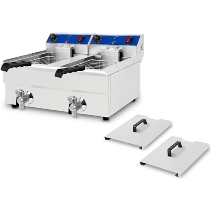 VERTES Friteuse Edelstahl 2x 10L, Kaltzonenprinzip, 2x 3000W, stufenlos regulierbar 50-250°C, Ablasshahn, mit 2 Frittierkörben, für Öl & flüssiges Fett – Bild 3