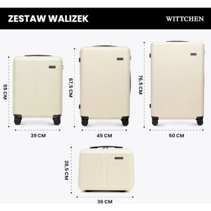 WITTCHEN Stripes Line Kofferset, Hartschalenkoffer ABS mit 4 Doppelrollen, Teleskopgriff und Zahlenschloss, Creme, 4 Größen und Kosmetiktasche – Bild 2