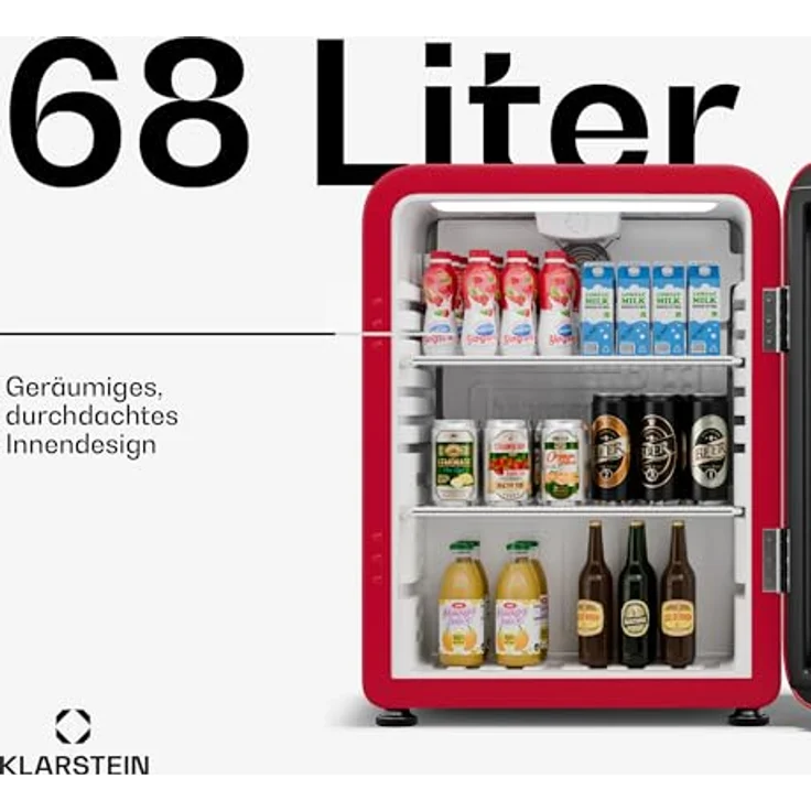 Klarstein Audrey Evo Getränkekühlschrank, 68 Liter, 67 cm hoch, Retro-Optik, energieeffizient, umkehrbare Tür, rot – Bild 2