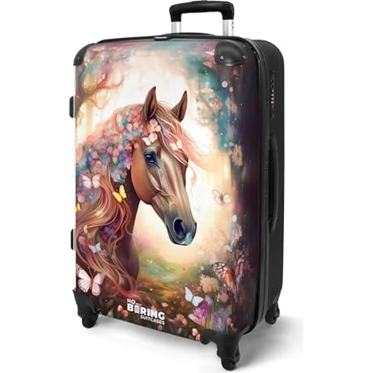 NoBoringSuitcases.com© Kinderkoffer Pferd mit Blumen und Schmetterlingen, 67 cm, 72 L, 4 Rollen, für Mädchen bis 20 kg, Hartschalenkoffer in buntem Design – Bild 2