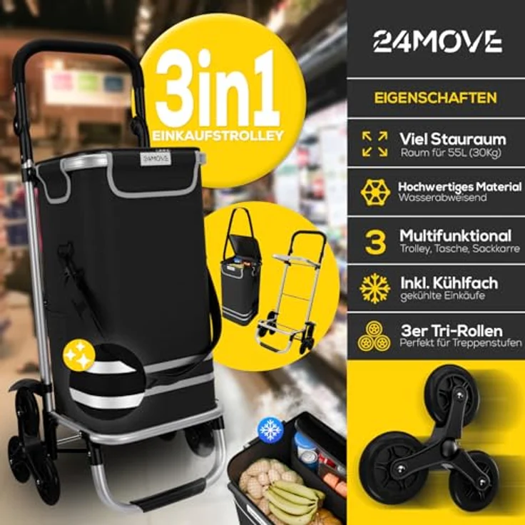 24MOVE® Einkaufstrolley Alegre, klappbar mit 55L Fassungsvermögen, integriertes Kühlfach, faltbarer 3in1 Trolley - Sackkarre und Tasche, bis 30kg belastbar, schwarz – Bild 2
